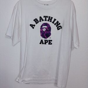 A Bathing Ape Mens XL Designer White T-Shirt with Purple Logo Mint Condition